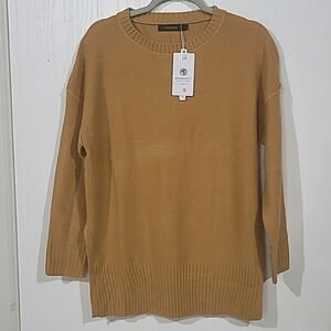 Merokeety Khaki Crew Neck Side Split Pullover Sweater